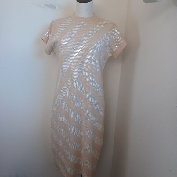 St John for Saks 5th Avenue Dress Tan White Paillette Detail Womens 10 - Picture 2 of 10